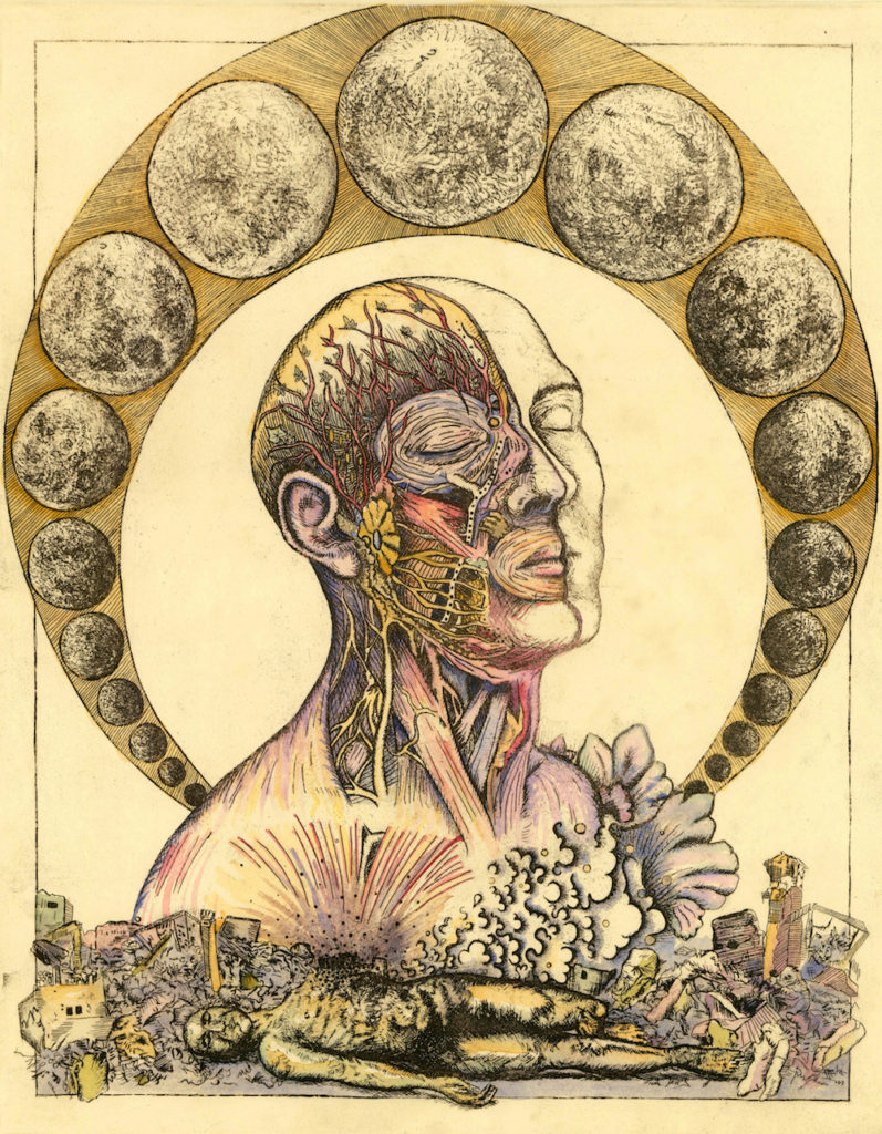 flamgu moon halo etching watercolor consciousness evolultion visionary art medical illustration