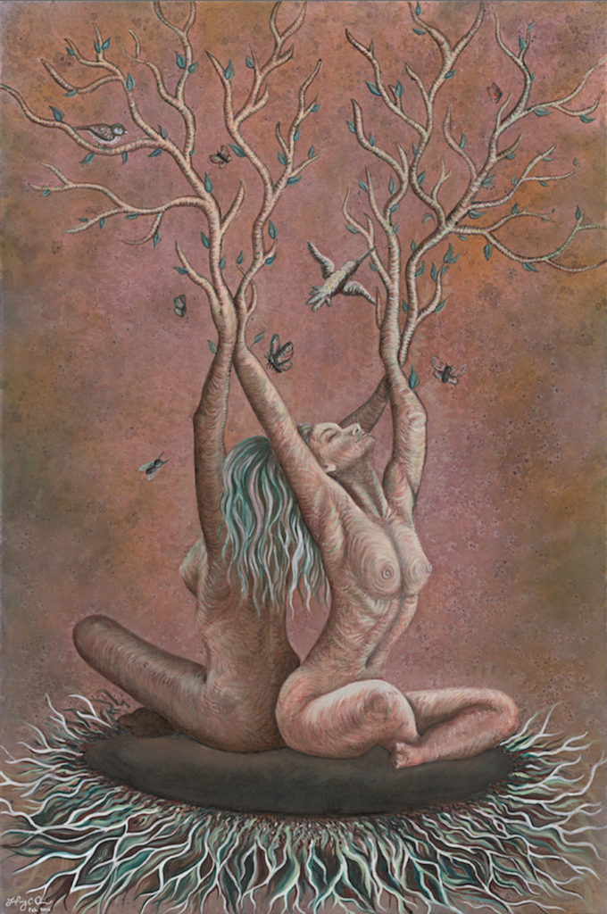 flamgu intimacy naked lady yoga gaia tree visionary art painting sensuality spiritual