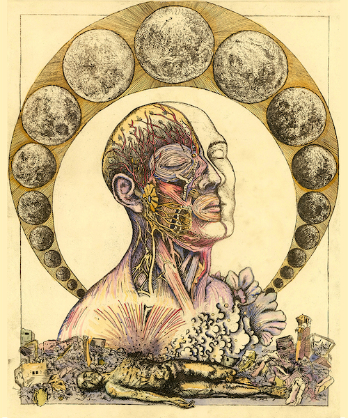 flamgu moon halo etching watercolor consciousness evolultion visionary art medical illustration