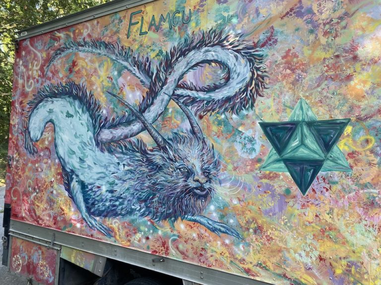 Flamgu white dragon mural with merkaba fantasy art mural