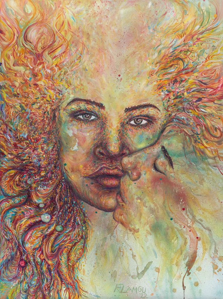 abstract portrait psychedelic art painting kiss lovers face woman fire